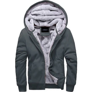 Erkek Polar Astarlı Kapüşonlu Fermuarlı Hırka – Koyu Gri, Düz Desen, Soğuk Havalara Sıcak ve Rahat