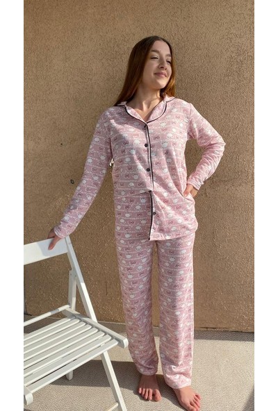 Softly Pudra Renk Düğmeli Fiyonklu Kadın Pijama Takımı