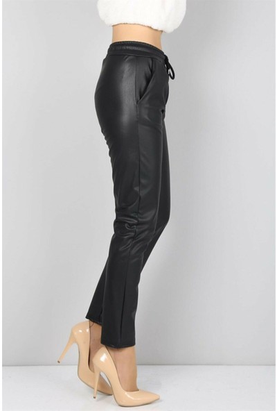 Siyah Kadın Siyah Yüksek Belli Içi Polarlı Dar Paçalı Beli Lastikli Deri Pantolon - GİY00037