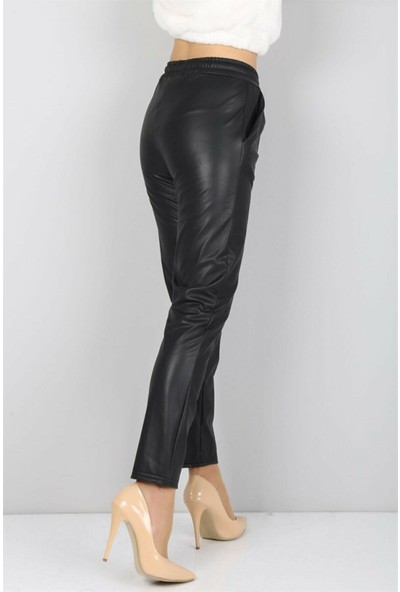Siyah Kadın Siyah Yüksek Belli Içi Polarlı Dar Paçalı Beli Lastikli Deri Pantolon - GİY00037