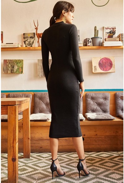 Siyah Kadın Siyah Şardonlu Likralı Pamuklu Kaşkorse Triko Uzun Elbise - GİY00013