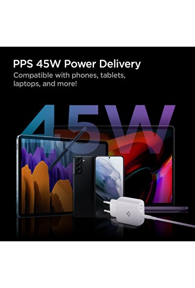 Spigen PowerArc ArcStation Pro 45W Hızlı Şarj Cihazı Gallium Nitride (GaN) / PPS Sertifikalı Samsung Super Fast Charge 2.0 Uyumlu + USB-C Hızlı Şarj Kablosu Adaptörü - ACH02589