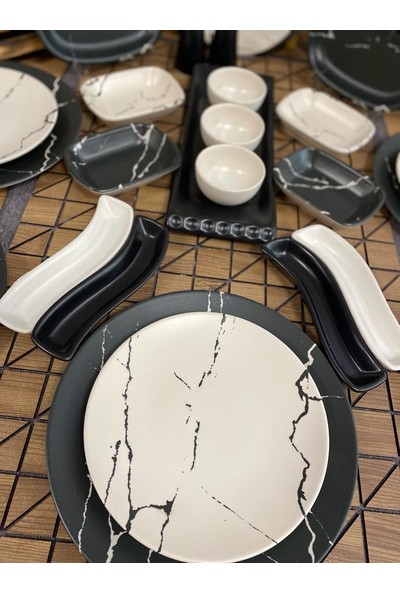 Keramika Kahvaltı Takımı 40 Parça 12 Kişilik Mat Siyah-Krem Mermer Desen