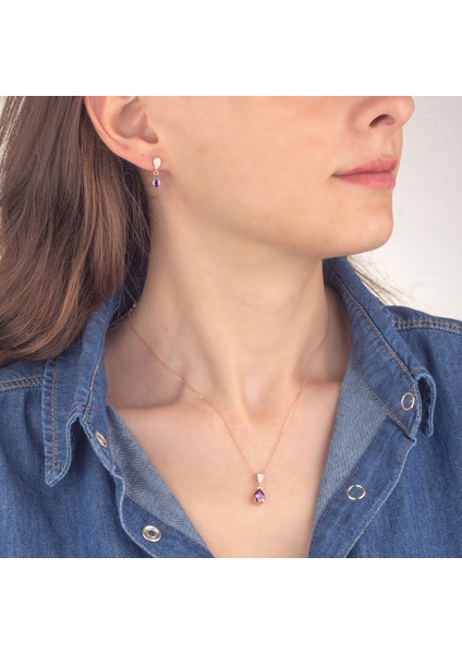 925 Ayar Gümüş Ametist Taşlı Damla Kolye Küpe Set