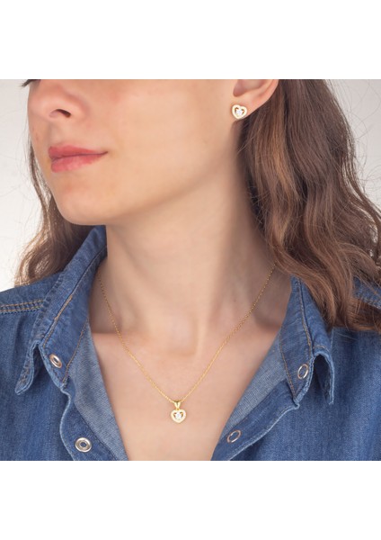 925 Ayar Gümüş Pırlanta Modeli Kalp Kolye Küpe Set