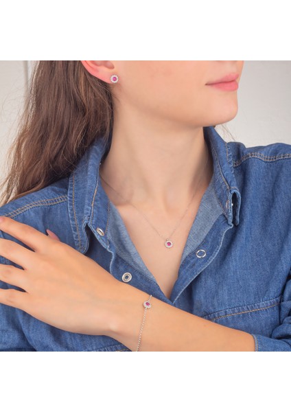 925 Ayar Gümüş Yakut Taşlı Papatya Takı Seti