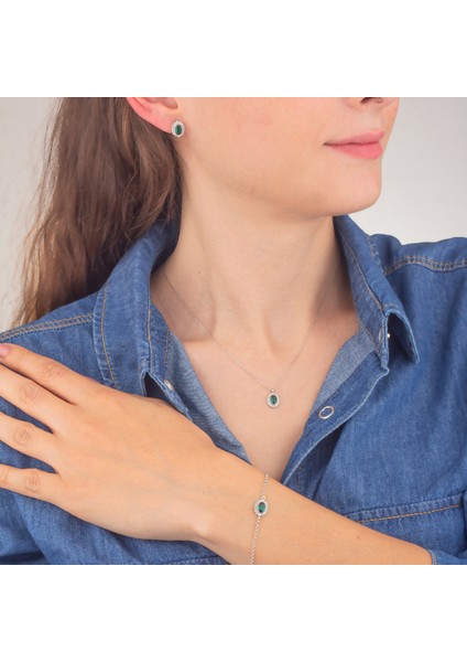 925 Ayar Gümüş Zümrüt Taşlı Oval Takı Seti