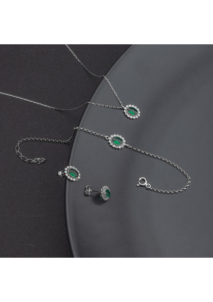 925 Ayar Gümüş Zümrüt Taşlı Oval Takı Seti fiyatları