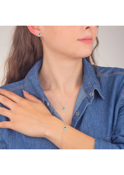 925 Ayar Gümüş Zümrüt Taşlı Papatya Takı Seti