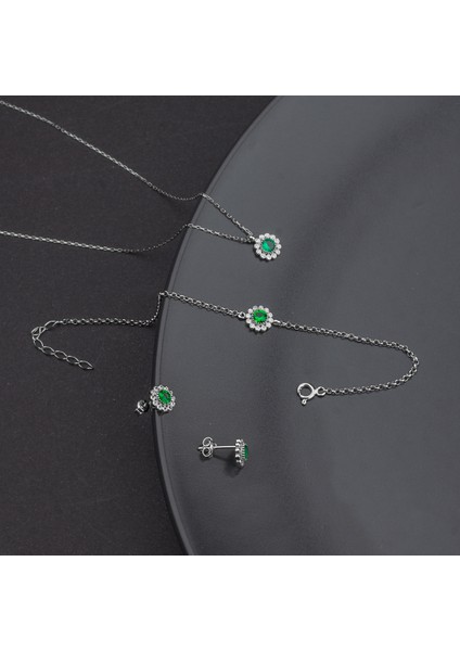 925 Ayar Gümüş Zümrüt Taşlı Papatya Takı Seti fiyatları