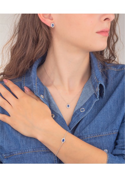 925 Ayar Gümüş Safir Taşlı Oval Takı Seti