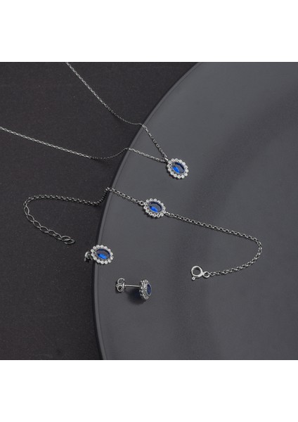 925 Ayar Gümüş Safir Taşlı Oval Takı Seti fiyatları