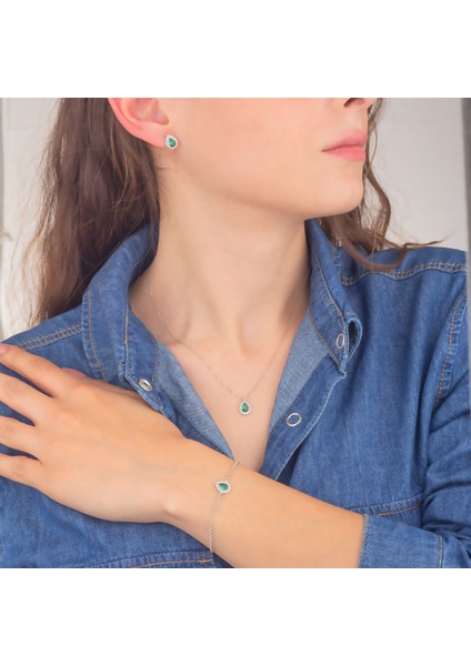 925 Ayar Gümüş Damla Zümrüt Taşlı Takı Seti