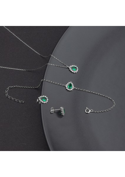 925 Ayar Gümüş Damla Zümrüt Taşlı Takı Seti fiyatları