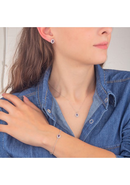 925 Ayar Gümüş Ametist Taşlı Oval Takı Seti