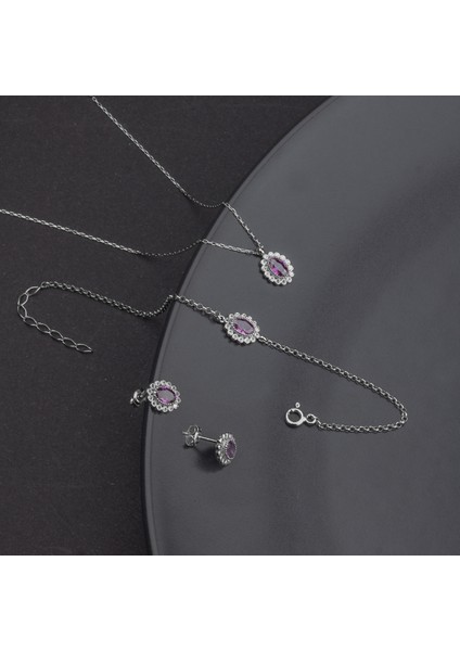 925 Ayar Gümüş Ametist Taşlı Oval Takı Seti fiyatları
