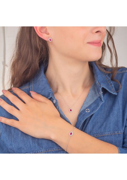 925 Ayar Gümüş Yakut Taşlı Oval Takı Seti