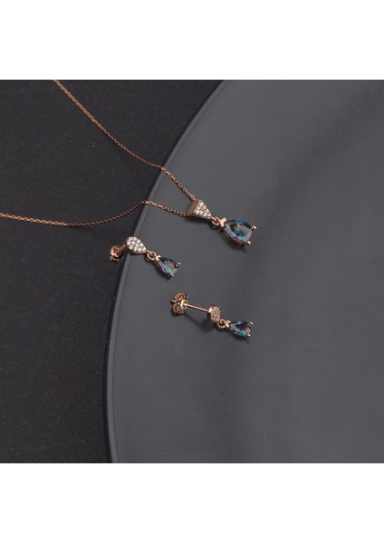 925 Ayar Gümüş Mistik Topaz Taşlı Damla Kolye Küpe Set fiyatları