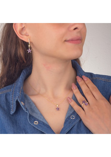 925 Ayar Gümüş Ametist Taşlı Nergis Çiçeği Takı Seti