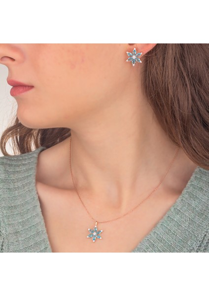925 Ayar Gümüş Aquamarine Taşlı Nergis Çiçeği Kolye Küpe Set