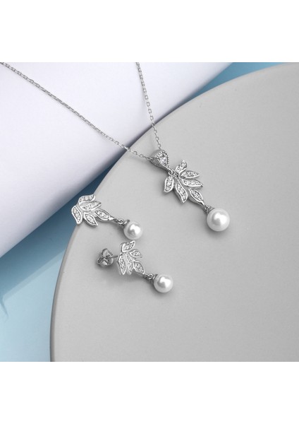 925 Ayar Gümüş Inci Sallantılı Yaprak Kolye Küpe Set