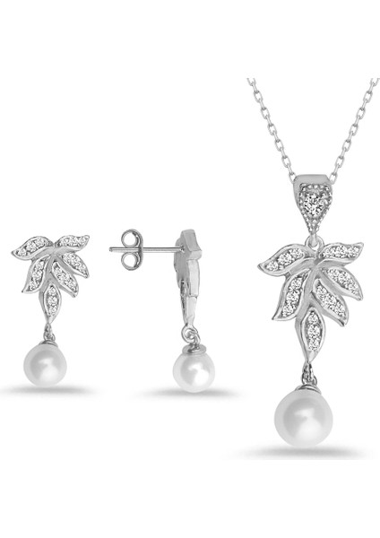 925 Ayar Gümüş Inci Sallantılı Yaprak Kolye Küpe Set fiyatları