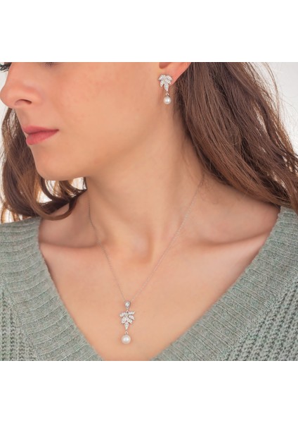 925 Ayar Gümüş Inci Sallantılı Yaprak Kolye Küpe Set modelleri