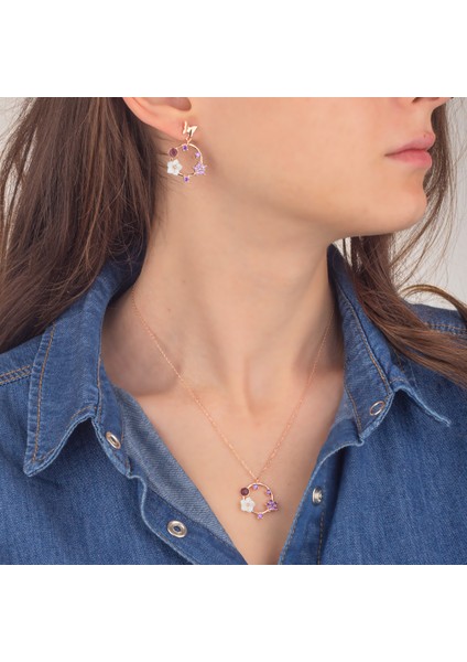 925 Ayar Gümüş Nergis Motifli Halka Sallantılı Kolye Küpe Set