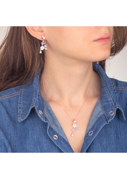925 Ayar Gümüş Sallantılı Çiçekler Kolye Küpe Set
