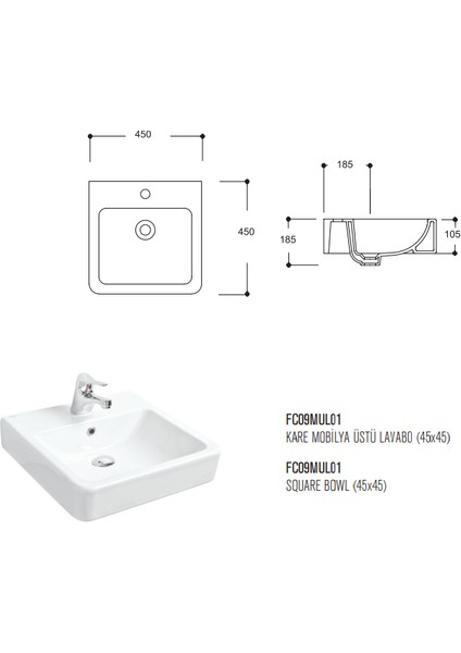 Kare Mobilya Üstü Lavabo - Beyaz 45X45 cm