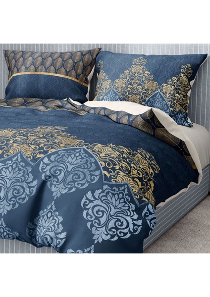 Premium Luxury Çift Kişilik Nevresim Takımı 3D Pamuk Saten Blue Damask modelleri