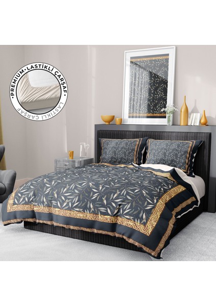 Premium Luxury Çift Kişilik Nevresim Takımı 3D Pamuk Saten Dark Leaf