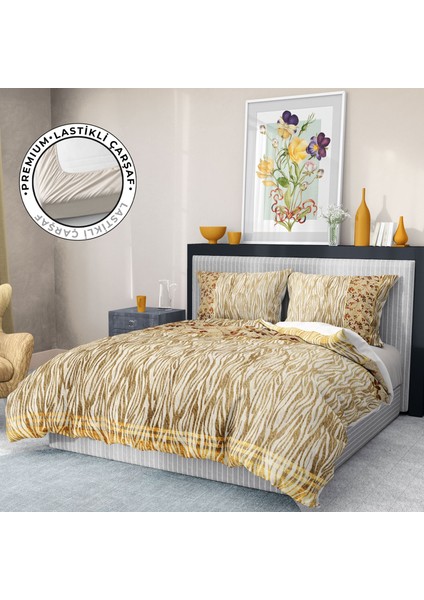 Premium Luxury Çift Kişilik Nevresim Takımı 3D Pamuk Saten Gold Zebra