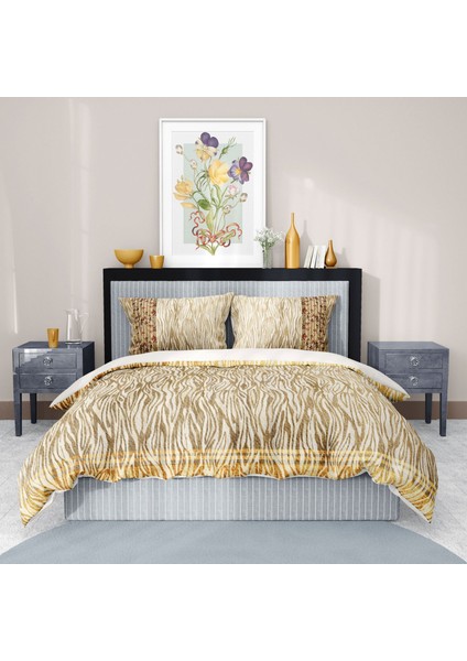 Premium Luxury Çift Kişilik Nevresim Takımı 3D Pamuk Saten Gold Zebra