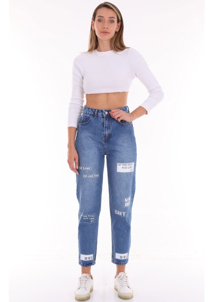 Kadın Yüksek Bel Baskılı Parlak Taşlı Mom Jeans Kot Pantolon