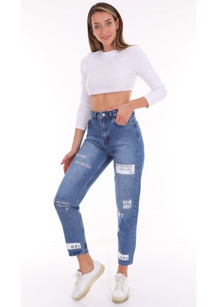 Kadın Yüksek Bel Baskılı Parlak Taşlı Mom Jeans Kot Pantolon