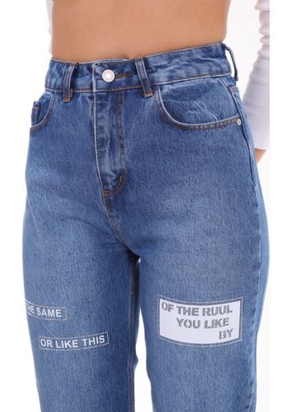 Kadın Yüksek Bel Baskılı Parlak Taşlı Mom Jeans Kot Pantolon