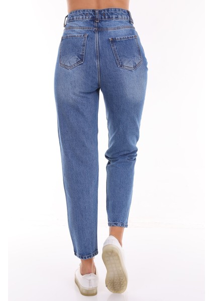 Kadın Yüksek Bel Baskılı Parlak Taşlı Mom Jeans Kot Pantolon