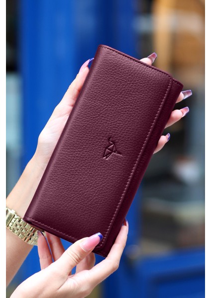 Angel Deri Cep Telefonu Bölmeli Kadın Cüzdanı Bordo