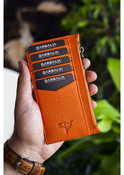 Blush Hakiki Deri Fermuarlı Unisex Kartlık Cüzdan Turuncu