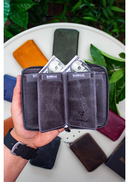 Fargo Vintage Deri Fermuarlı Kartlık Cüzdan Gri