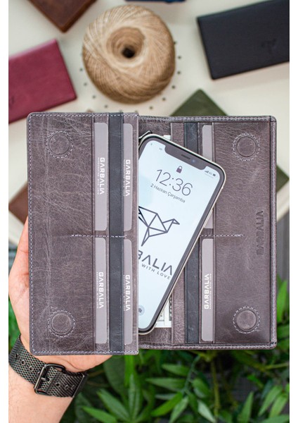 Hamburg Deri El Saplı Mıknatıslı Telefon Bölmeli Portföy Cüzdan Gri