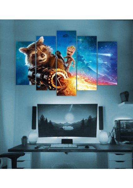 Roket Rakun Temalı 5 Parçalı Duvar Tablosu