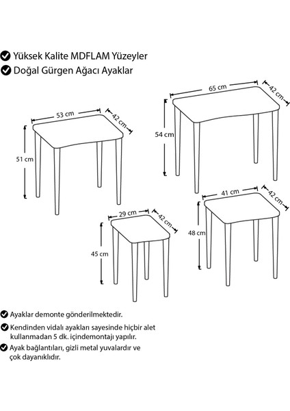 Canisa Concept Kuğu Serisi Mdf 1.sınıf 4lü Zigon Sehpa Takımı / Ceviz Renk Gürgen Ayaklar