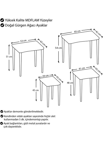 Concept Kuğu Serisi Mdf 1.sınıf 4lü Zigon Sehpa Takımı / Gümüş Renk Gürgen Ayaklar