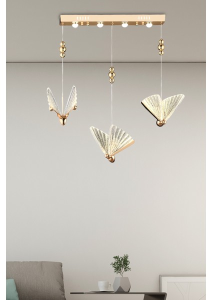 Elegance Modern Kelebek Tasarım Üçlü Sarkıt LED Avize Sıralı Rose Gold Sarı Ledli Avize