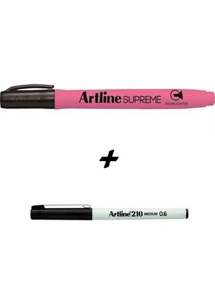 210 N Koyu Siyah Çizim ve Imza Kalemi 0.6mm + Supreme Highlighter Pembe