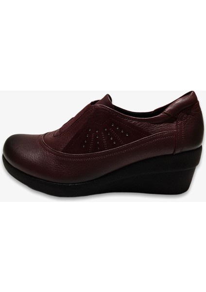 Kadın Bordo Deri Dolgu Topuk Ortopedik Babet Ayakkabı