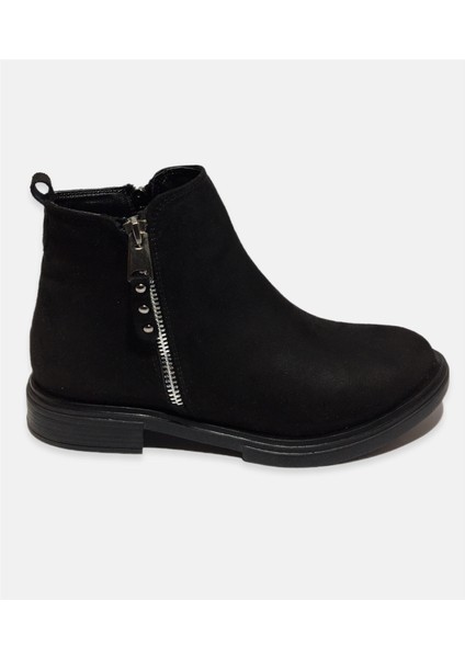 Kadın Siyah Çift Fermuarlı Nubuk Bot
