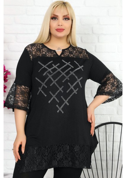 Kol ve Etek Ucu Dantelli Taş Işlemeli Yaka Taşlı Kısa Kollu Tunik
